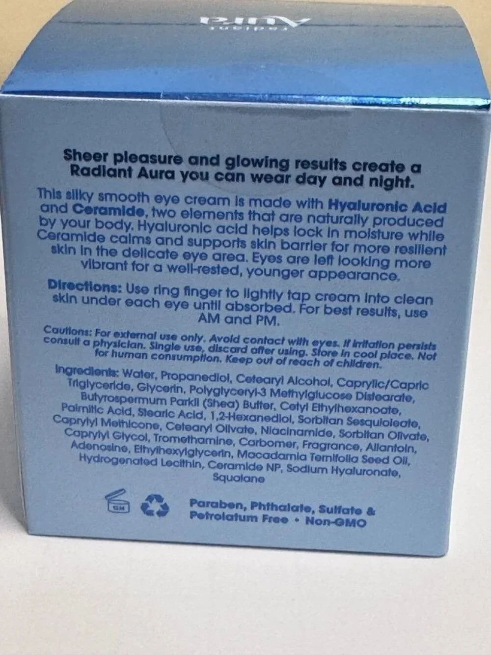 Radiant Aura Hyaluronic & Ceramide Replenishing Eye Cream 1.0 Fl. Oz. Anti-Aging